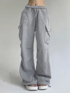 Men's Casual Cargo Pants with Pockets, Loose-Fit Straight Leg Sweatpants, All-Season Knitted Fabric, Comfortable Workwear Style, Trouser