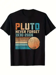 7.5oz Retro Adult Short Sleeve T-Shirt, Pluto Memorial 1930-2006, Classic Slogan Pattern, Casual Loose-Fit, All Seasons