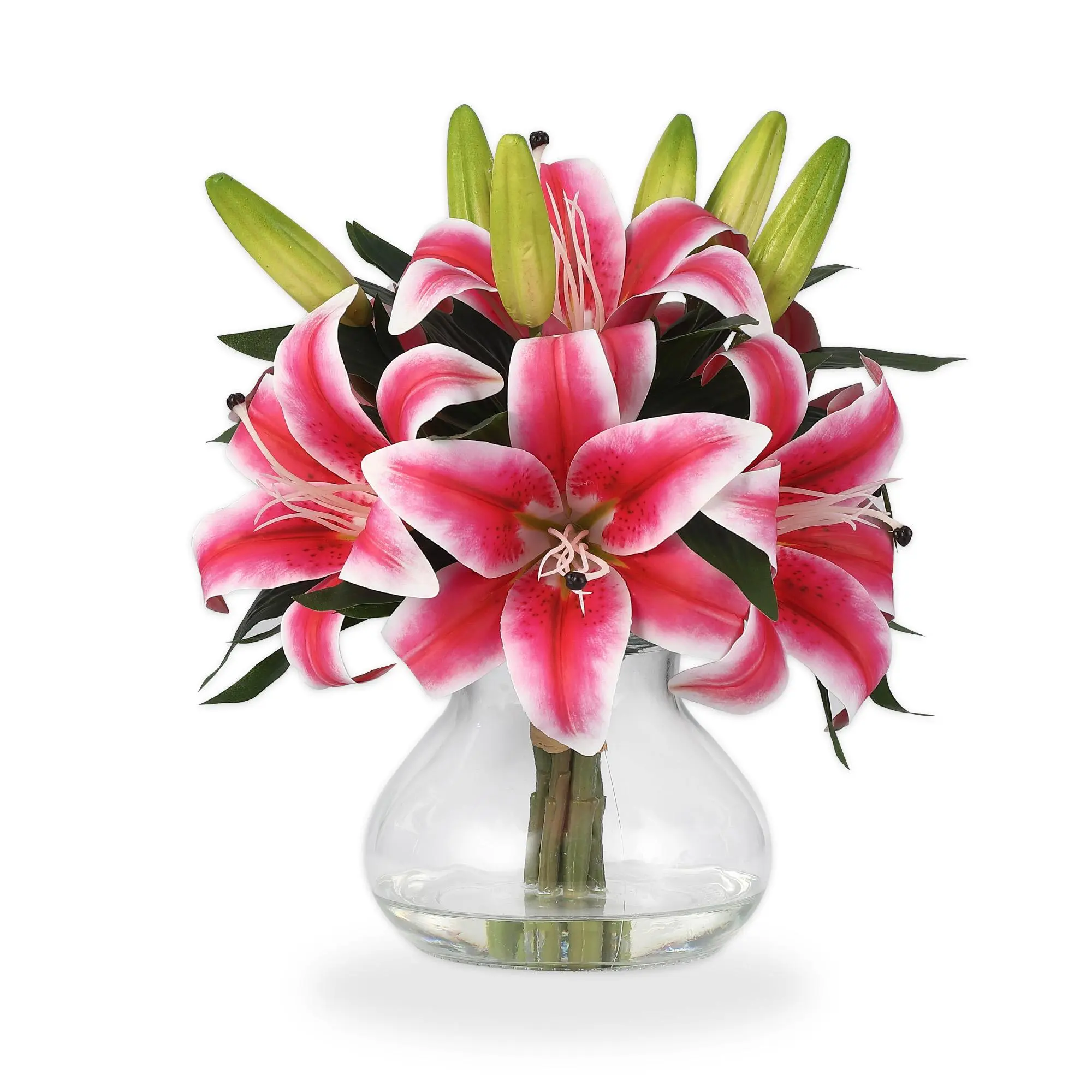 Garvee 6-Pack Artificial Tiger Elegant Arrangement with Glass Vase - Realistic Silk Faux Lilies, Bendable Stems, No Maintenance - Home Table Office Wedding Centerpiece Decor