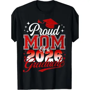 merch shirts Proud Mom Graduation T-Shirt 2026 - Black Tee with Red Glittery Cap, Varsity Style Design, Fun Cursive and Bold Lettering, Celebrate Your Graduate with Festive Stars - Perfect Gift for Graduation Day, Milestones, and Proud Moments