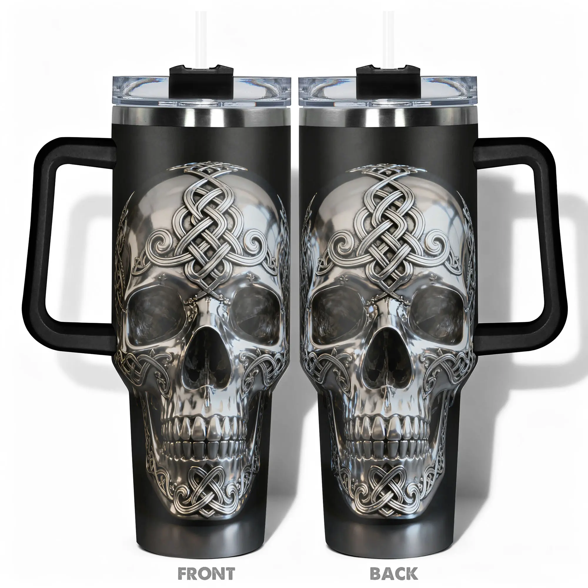 1pc Stainless Steel 40oz/30oz/22oz/20oz/14oz Water Bottle,Funny Design With Silver Skull with Celtic Knot Engraving Double-layer insulation Double Wall Insulated Leakproof Large Capacity, Insulated Travel Drinkware Needed for Gym, Hiking