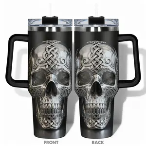 1pc Stainless Steel 40oz/30oz/22oz/20oz/14oz Water Bottle,Funny Design With Silver Skull with Celtic Knot Engraving Double-layer insulation Double Wall Insulated Leakproof Large Capacity, Insulated Travel Drinkware Needed for Gym, Hiking