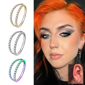 OUFER  18G Cubic Zirconia Cartilage Piercing Stud Nostril Piercing Nose Ring - 316L Stainless Steel, AAA+ Micro Gem Hinged Bar, Double Row Unisex, 5mm-12mm Inner Diameter Multi-Size, Easy-Insert Helix Piercing Ring, Helix Pierced Ring