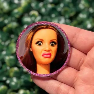 cringe face badge reel, hot pink glitter