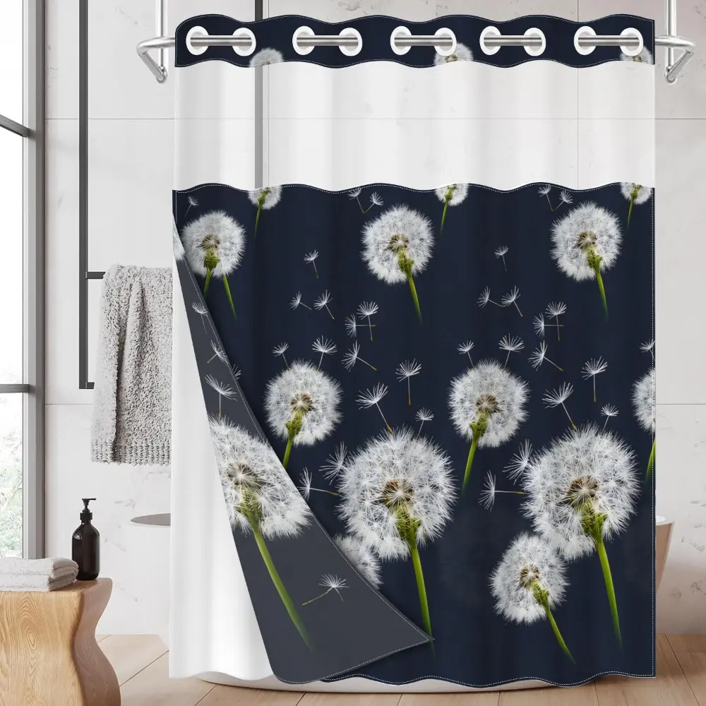 1pc hookless Bathroom Shower Curtain with buckle lining, spring white and green dandelion design on black background, 2D flat printing, fabric waterproof lining, see-through double-layer shower curtain, 71 x 74 inches, Shower Curtain Liner