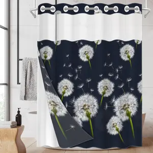 1pc hookless Bathroom Shower Curtain with buckle lining, spring white and green dandelion design on black background, 2D flat printing, fabric waterproof lining, see-through double-layer shower curtain, 71 x 74 inches, Shower Curtain Liner