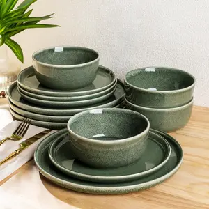 Stoneware Dinnerware Sets for 4,Round Reactive  Ceramic Plates and Bowls Set,Highly Scratch Resistant | Dishwasher & Microwave Safe Dishes Set,Service for 4 (12pc)