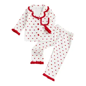 Kids Valentines Day Pajamas Set Toddler Baby Girl Heart Print Button Down Lapel Collar Ruffled Shirt Tops Long Pants Sleepwear