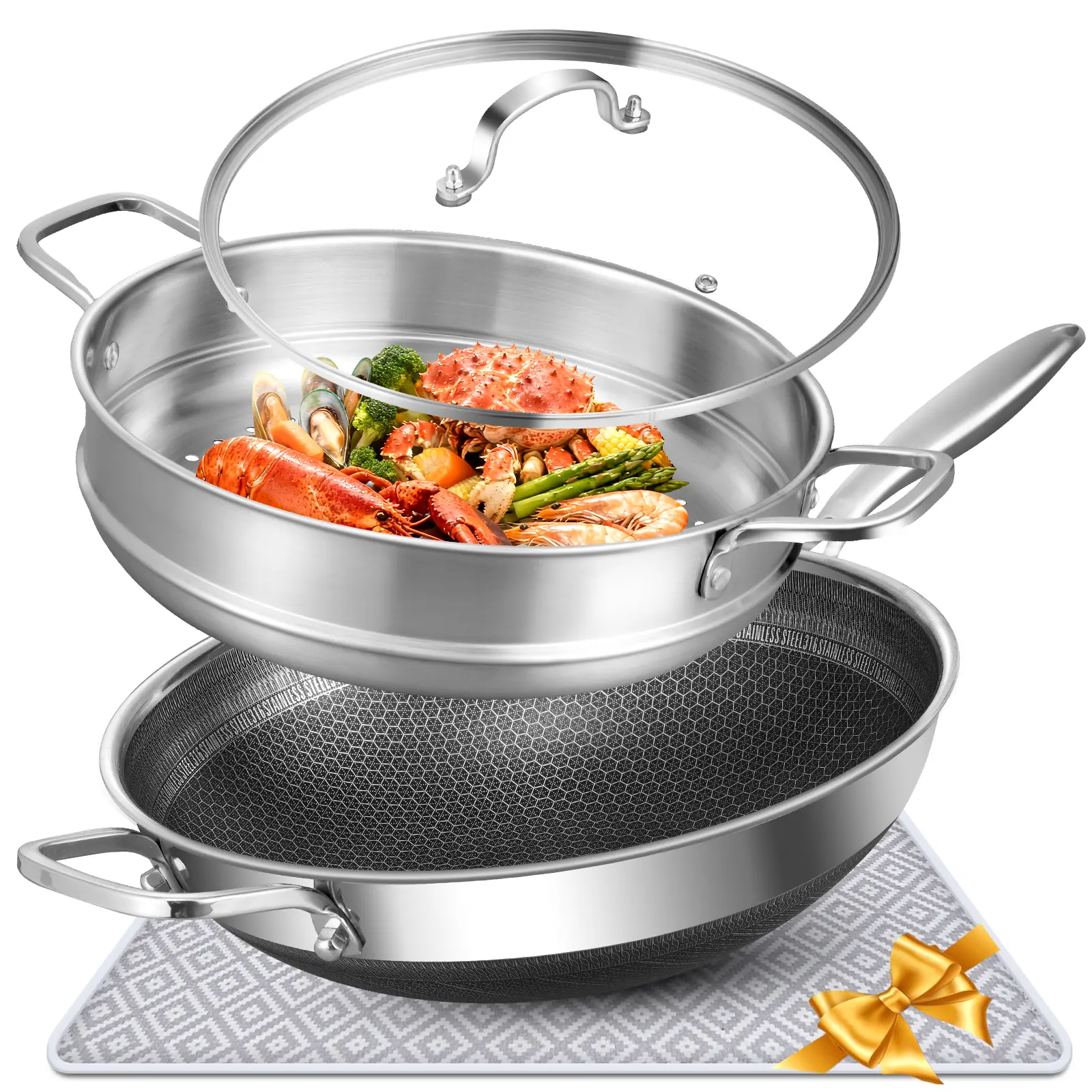 AOSION Hybrid 13 inch Stainless Steel Wok with Steamer, PFOA Free Cookware, Nonstick Wok Pan & Stir-Fry Pans with Lid and Draining Mat, Works on Induction, Dishwasher & Oven Safe