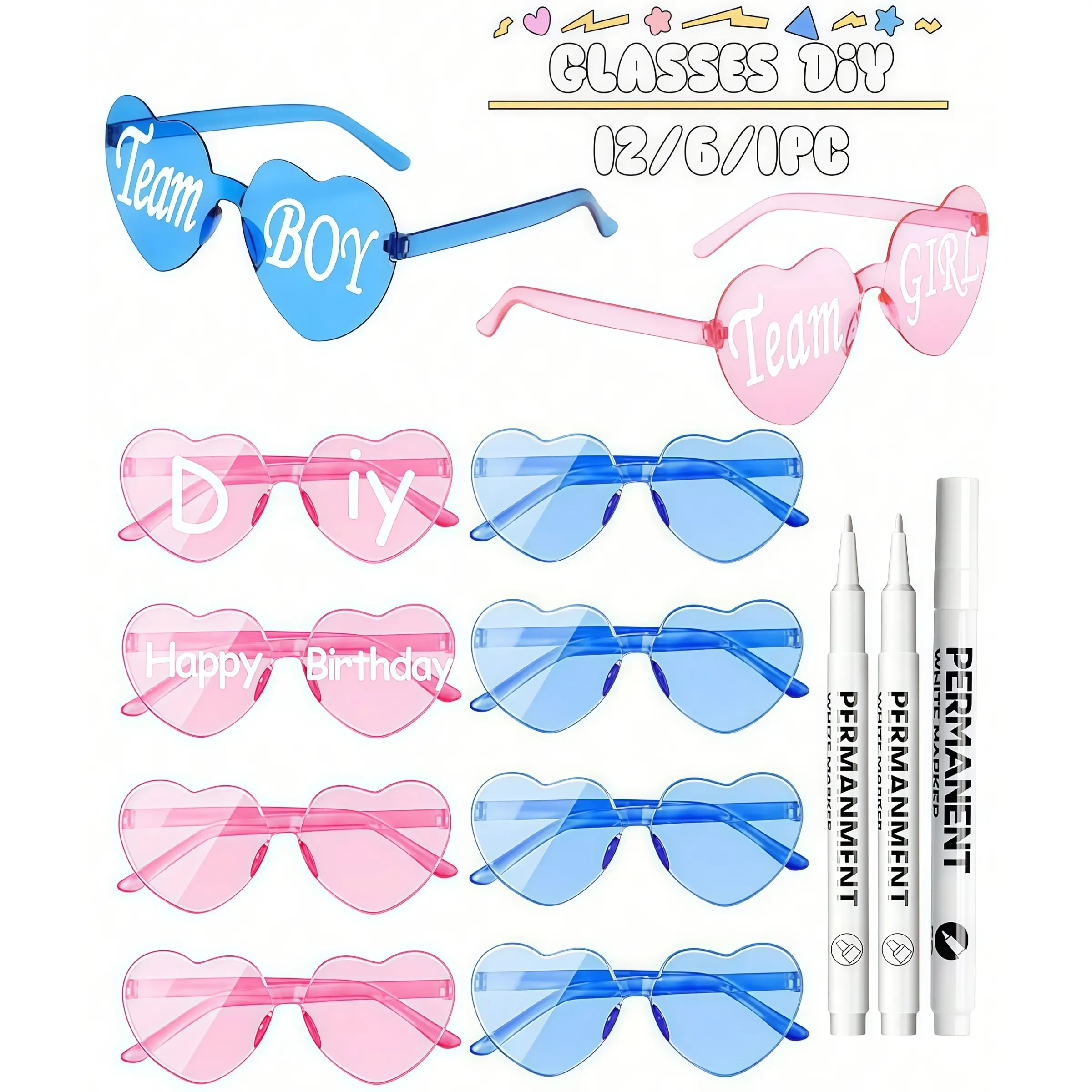 Baby Shower Gender Reveal & Blue Heart Frameless Glasses Set, Girl Team Boy Team Wedding Party Vintage Square DIY Eyewear Accessories, Theme Party Supplies