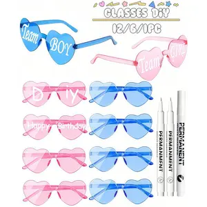 Baby Shower Gender Reveal & Blue Heart Frameless Glasses Set, Girl Team Boy Team Wedding Party Vintage Square DIY Eyewear