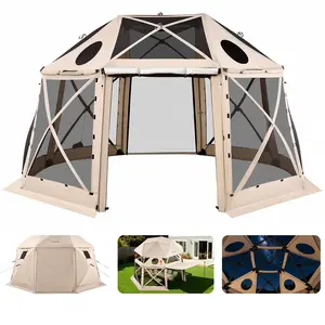 【Father's Day gift】VEVOR Pop-up Gazebo Screen Tent, 15 x 15 ft, 13-Sided Spherical Camping Canopy Tent with Removable Top & Carry Bag, Quick-Set & Bite-Proof, Screen House Sun Shelter for 12-15 Persons, Beige