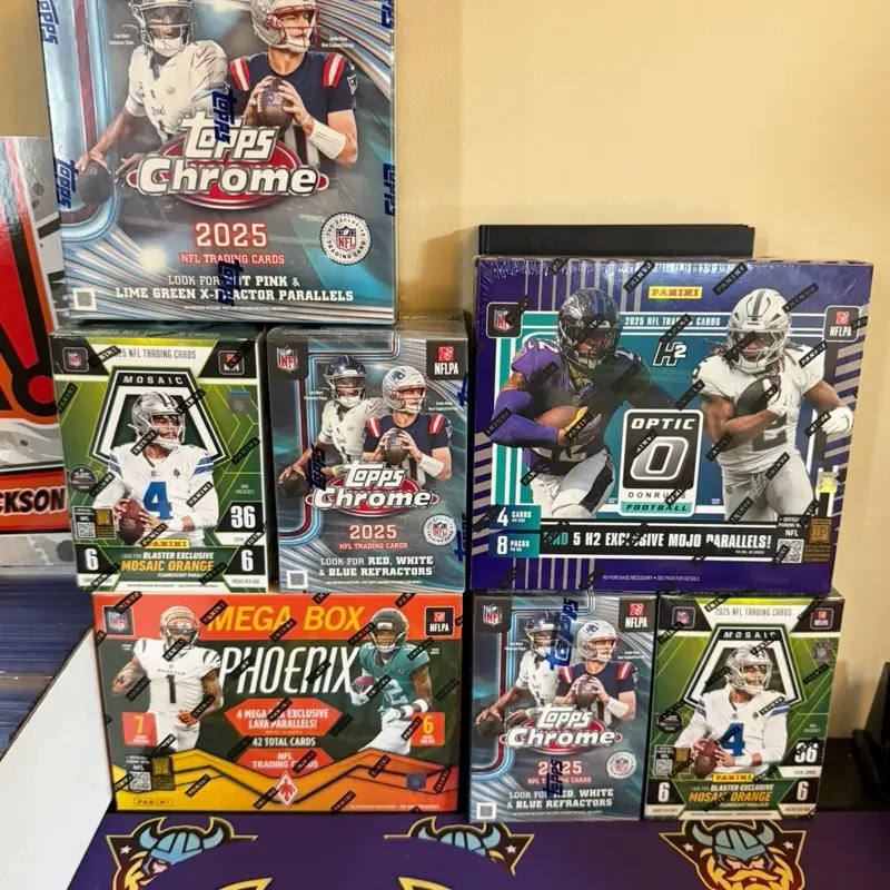 PYT #065: (1) 2025 Optic H2 Hobby Box, (2) 2025 Topps Chrome Blaster Boxes, (1) 2025 Topps Chrome Mega Box, (1) 2025 Phoenix Mega Box, (2) 2025 Mosaic Blaster Boxes, (2) MNE Repack Boxes. (9 boxes total)