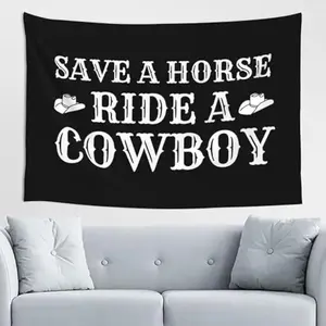 Western Horse Tapestry Save A Horse Ride A Cowboy Tapestry Black Flag Wall Hanging Tapestry for Bedroom Living Room Dorm Banner Sign