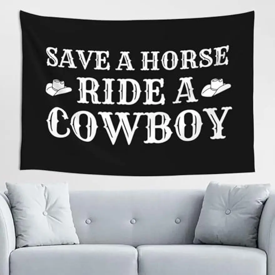 Western Horse Tapestry Save A Horse Ride A Cowboy Tapestry Black Flag 60x40 Wall Hanging Tapestry for Bedroom Living Room Dorm Banner Sign Decoration Home