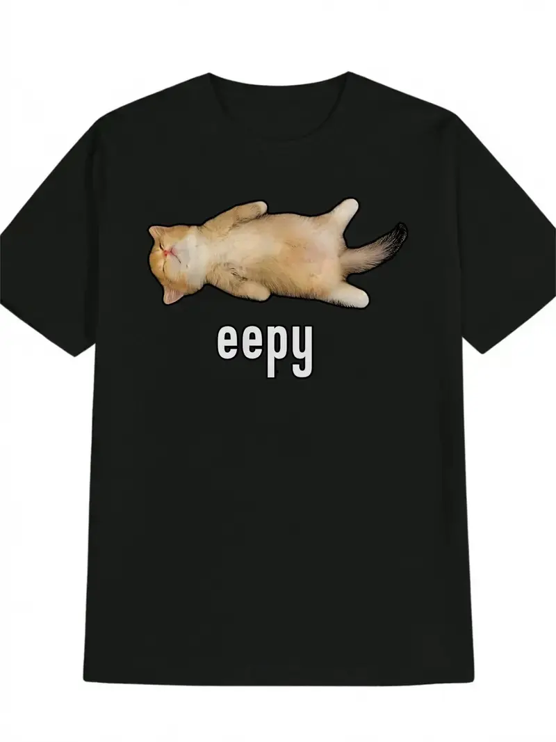 Men'S Funny Sleeping Kitten Meme T-Shirt - "Eepy" Text Graphic Tee - Lightweight Summer Shirt for Gym, Casual Outfits - Perfect Gift for Cat Lovers -Black Crewneck Top, Gym Attire, shirts women casual outfits women women's shirts 2000s cute clothes Unisex
