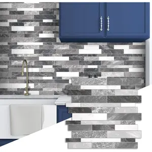 10-Sheet Peel and Stick Backsplash Stone Composite Self Tiles, 11.1" x 11.3" Grey White Mixed Embellished Stripes Brick Stick on Backsplash for,, Fireplace
