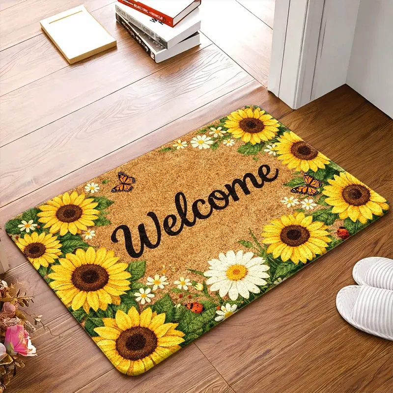 Sunflower Welcome Flannel Doormat Multiple Sizes 16×24in/20×31in/24×36in, Non Slip Absorbent Floral Bathroom Entry Rug, Farmhouse Front Door Floor Mat