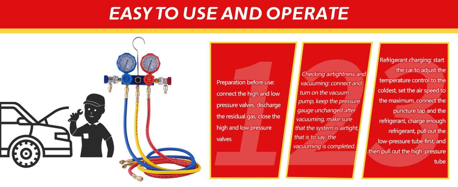 3-Way AC Manifold Gauge Set for R22, R134A, R410A, R404A, ac Gauge Set Includes Puncturing Can Tap, Quick Couplers,Valve Core Tool,Car & Home Air Conditioning Maintenance