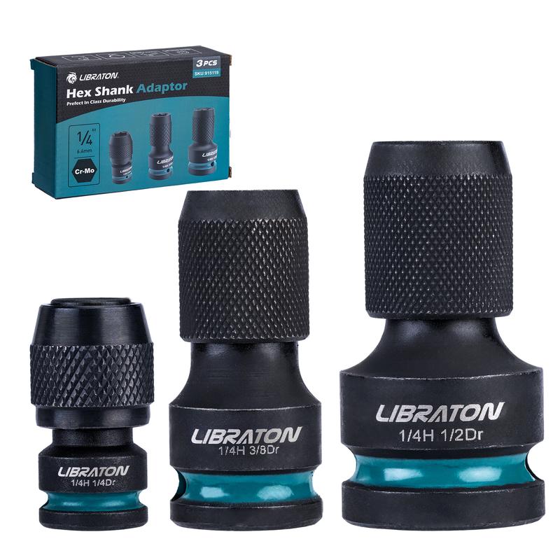 LIBRATON Cr-Mo Steel Impact 1/4 Hex Converter Set - 1/2, 3/8, 1/4-Inch Drive Female Adapters for Ratchet Wrenches, Quick Change Chuck, Ball-Stop Bit Holders, Fast Changes, Drill, Father's Day Gift
