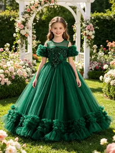 Party Dress, Long Ruffled Mesh Skirt, Princess Style Birthday Gown, Elegant Girl Bridesmaid Dress, Performance Costume