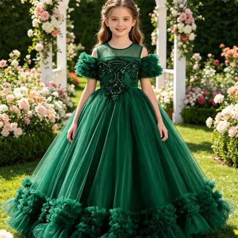Party Dress, Ruffle Trim & Mesh Design, Princess Style Birthday Gown, Elegant Bridesmaid Dress for Girls, Performance Costume, Party Attire