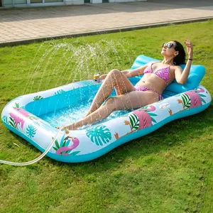 Inflatable Extra-Large Tanning Pool Lounger Float with Sprinkler, Adult Pool Float with Pillow & Cup Holder, Blow Up Sunbathing Tanning Bed Raft Floatie for Backyard Summer Water Party