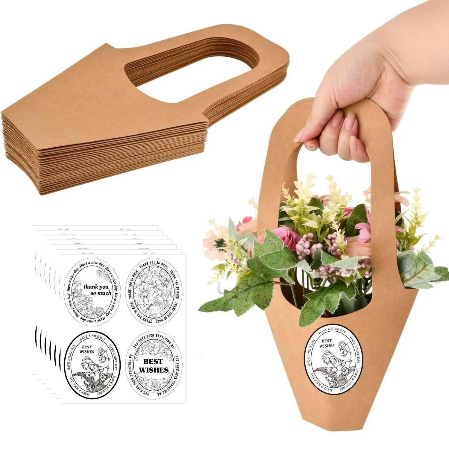 50 Piece Kraft Paper Flower Bag Set, with Handles and Sticker, 14 inch Brown Hanging Bouquet Packaging Bags, For Weddings, Birthdays, flower Shops, Thanksgiving