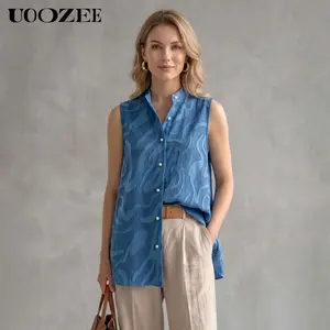 UOOZEE Women's New Summer Blue Abstract Textured Sleeveless Button-Down Vest Top, Mandarin Collar Polyester Vest, Jacquard Sleeveless Top, Loose Fit Casual Layering Piece, Size Up for Full Bust