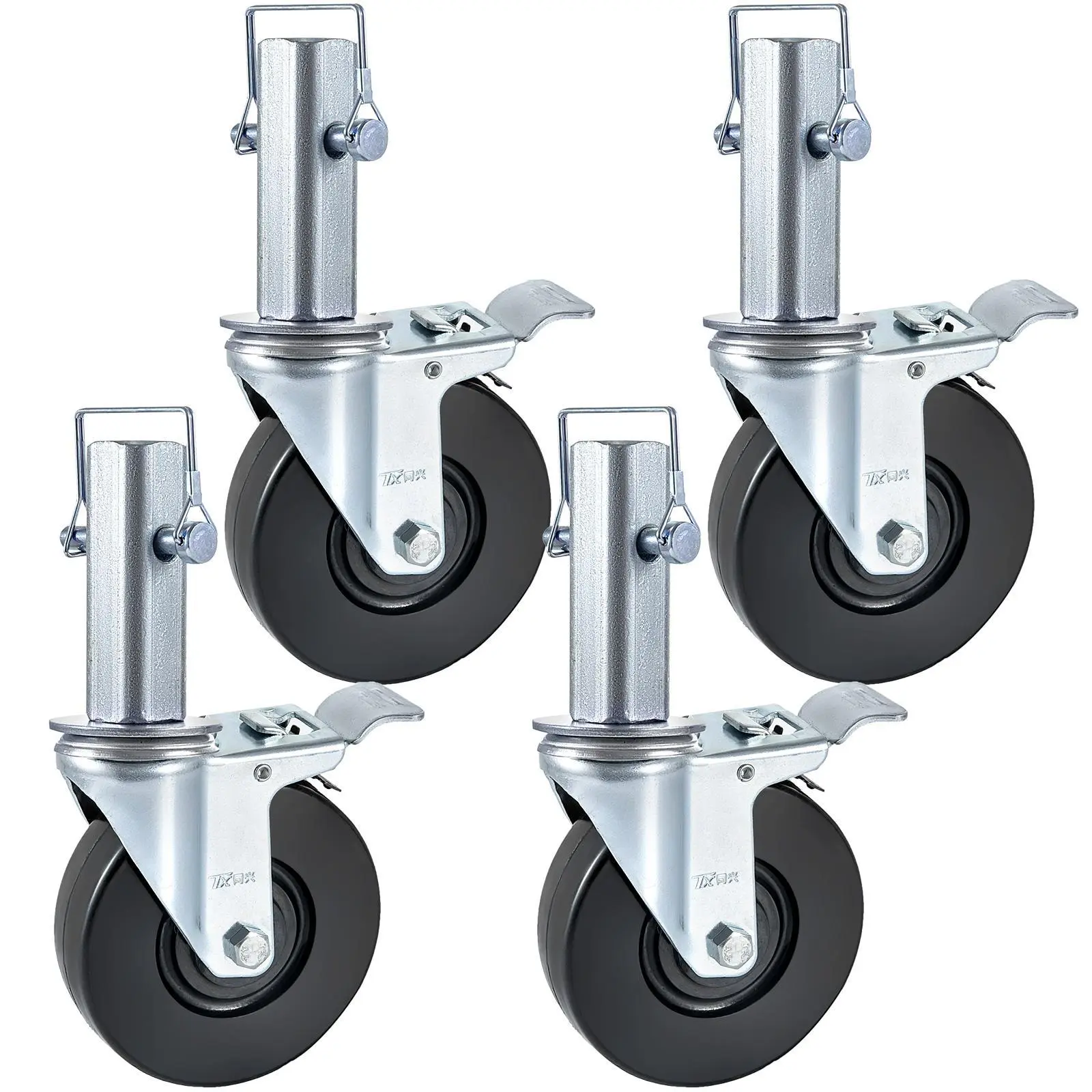 4 Pack 5" Heavy Duty Scaffolding Rubber Swivel Caster With Dual Locking 1.25" Square Stem 440LBS Capacity Per Wheel#BackToSchool