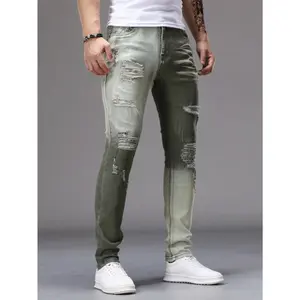 Green-Grey Ombre High-Cotton Jeans | Slim-Fit Distressed Denim