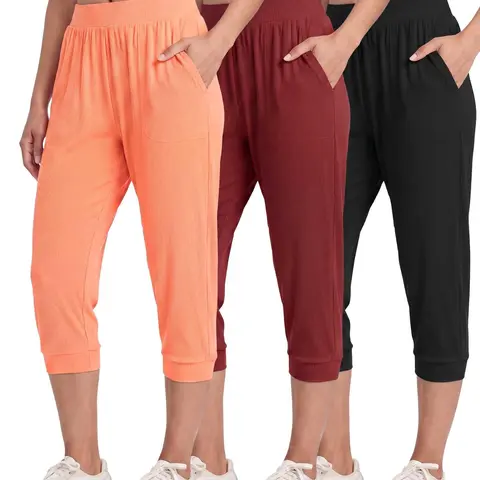 Real Essentials 3 Pack: Women's Ribbed Capri Jogger Lounge Sweatpants with Pockets Yoga Workout (Available In Plus Size)