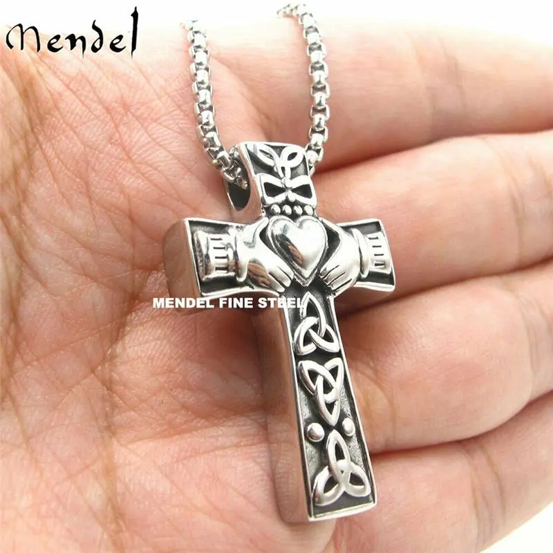Stainless Steel Irish Celtic Trinity Knot Claddagh Cross Pendant Necklace