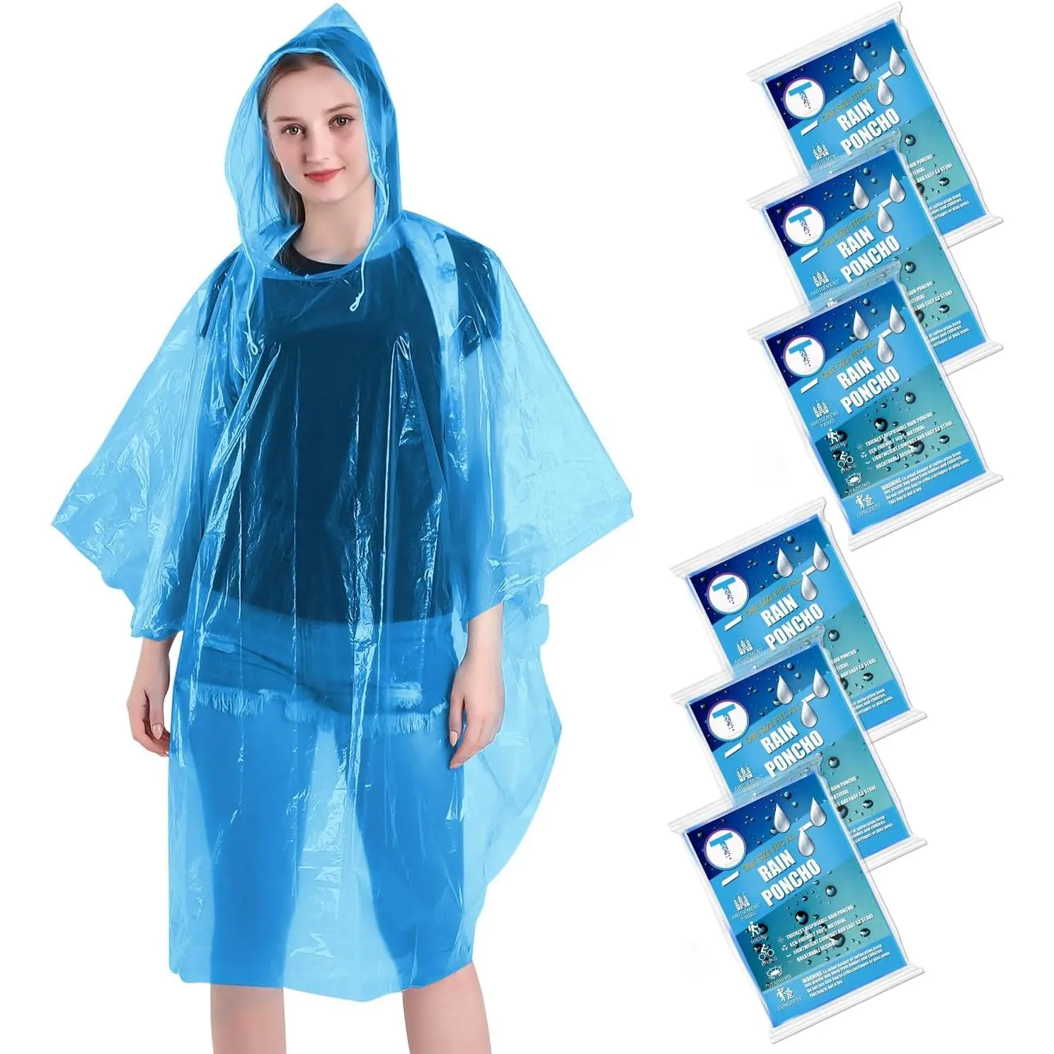 Disposable Rain Ponchos 6 Pack for Adults/Kids/Family Set-50% Thicker Emergency Ponchos