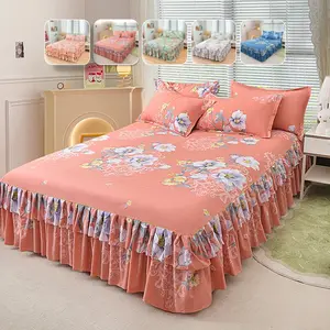 2/3pcs French Floral Bed Skirt Sheet Set with Pillowcases, 38cm/14.96" Long Ruffle Drop, Soft Breathable Fabric, Elegant Princess Bedroom Decor