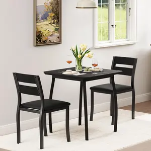 3 Piece Dining Table Set for 2, Farmhouse Kitchen Table and Upholstered Chair, Metal Frame Square Dining Room Furniture for Small Space, Studio, Black, Corner Cut, Engineered Wood