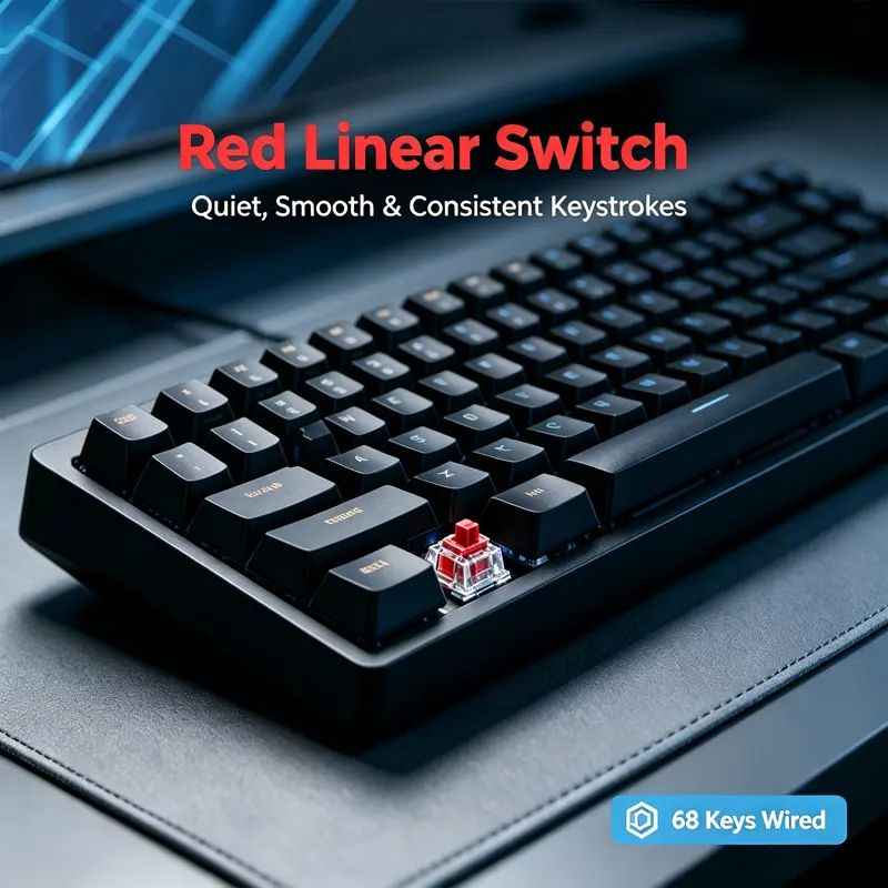 KAVLORN KL68 68-Key Hot-Swappable Mechanical Keyboard, Red Linear Switch, USB-C Wired, Compact for Gaming & Office Use