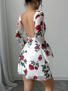 Rose Print Floral Backless Long Sleeve Dress, French Romantic Style, High Stretch Slim Fit, Show Back Lines, Women's Daily Wear, Date Night, Vacation