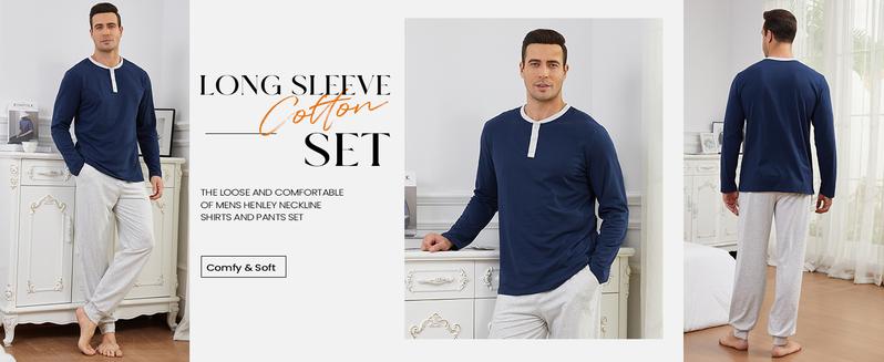 Gihuo Men's Pajama Set Soft Cotton Henley Neckline Sleepwear Long Sleeve 2 Piece Lounge Set with Pockets