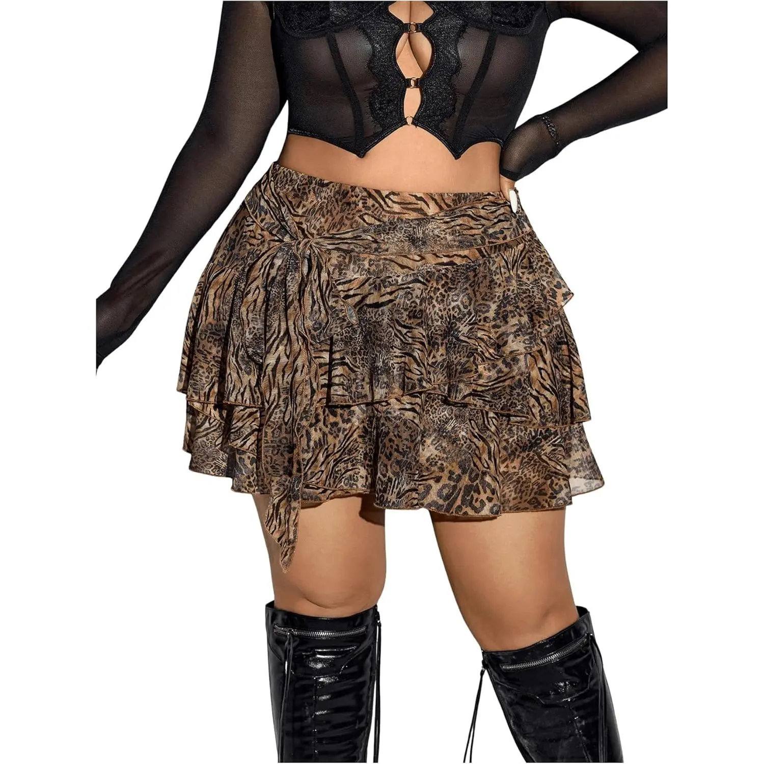 Women's Plus Size Halloween Cheetah Print Skorts Ruffle Layered High Waist Leopard Printed Skirt Y2K