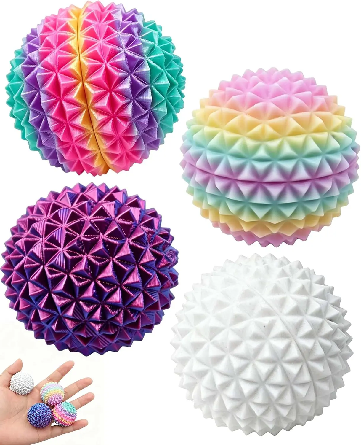 4 Pack Spiky Stress Balls, 3D Printed Massage Balls for Anxiety Relief, Sensory Fidget Toys for Hand & Feet Stimulation, Quiet Portable Stress Relief Balls for Kids & Adults