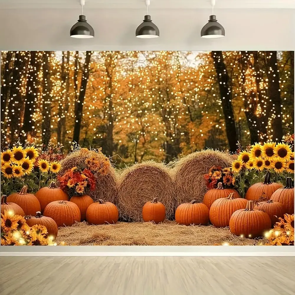 Autumn Harvest Party Photo Backdrop - 1pc Durable Polyester Decor with Vibrant Sunflowers, Pumpkins, Hay Bales, Fairy Lights, 2D Flat Wall Hanging for Photo Booths, Birthday, Party Decoration Supplies,summerwins