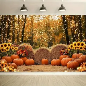 1pc 2D Flat Autumn Harvest Party Backdrop Featuring Vibrant Sunflowers Pumpkins Hay Bales with Fairy Lights Durable Polymer Material for Photo Booths Events Festive Celebrations