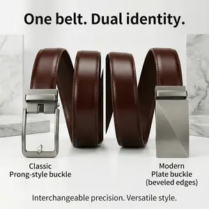 Men's Genuine Brown Leather Ratchet Belts Gift Set - 2 Buckles (Brushed Plate, Classic Frame), Adjustable Automatic Click Belt for Business & Casual Fashion Accessories with Orca Black Merino Wool Hat