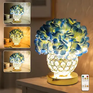 3 Color Artificial Blue Hydrangea Flower Lamp Night Light, Gold Crystal Vase Desk Lamp for Bedroom Living Room Bar Coffee Shop Decor, Birthday Christmas Mothers Day Valentines Day Gifts for Women Mom Wife Friend