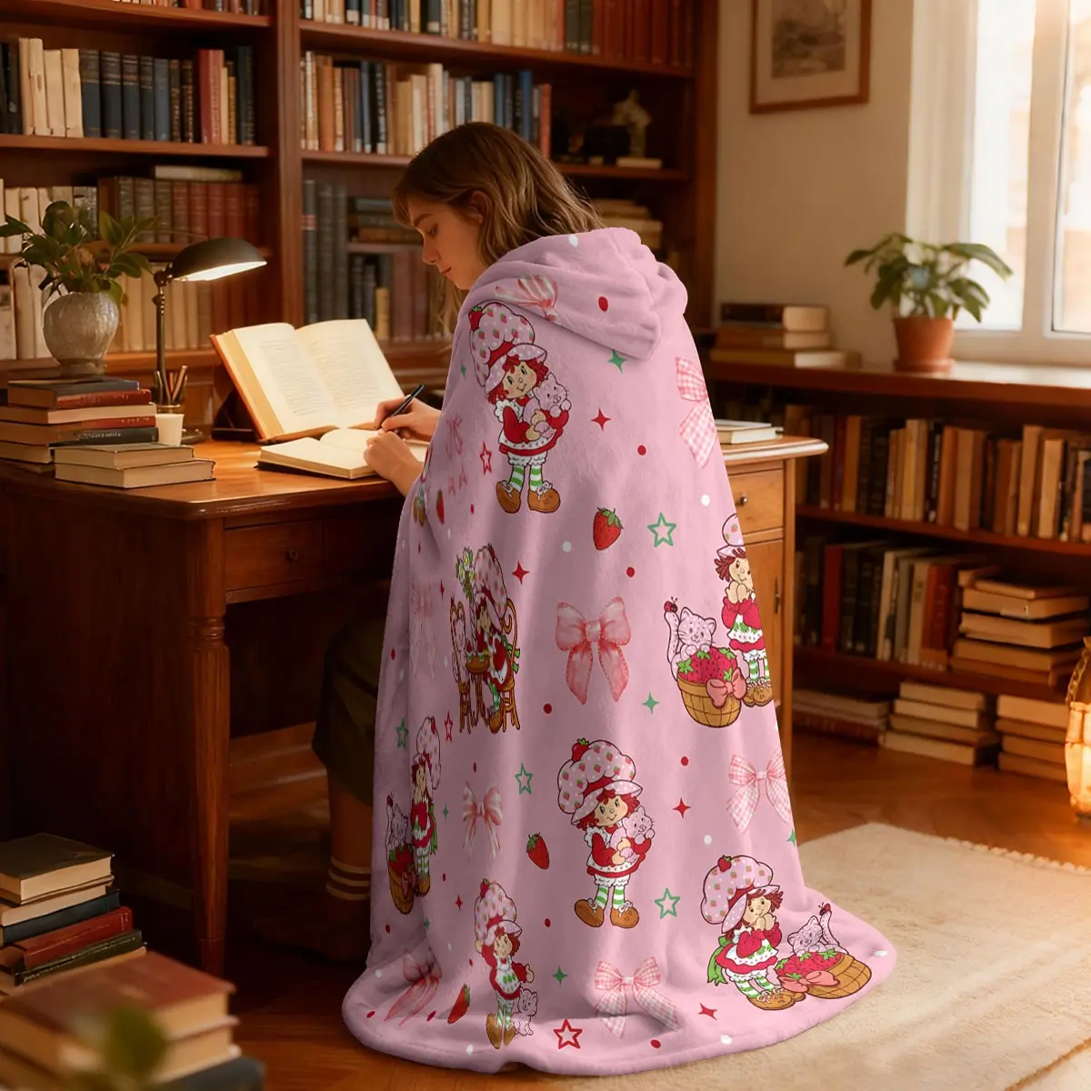 1 piece hoodie blanket Wearable blanket Red hair strawberry doll bow element print Cartoon Print Blanket Flannel Printed Blanket Soft and comfortable bedroom living room sofa cover blanket camping blanket Hooded Blankets