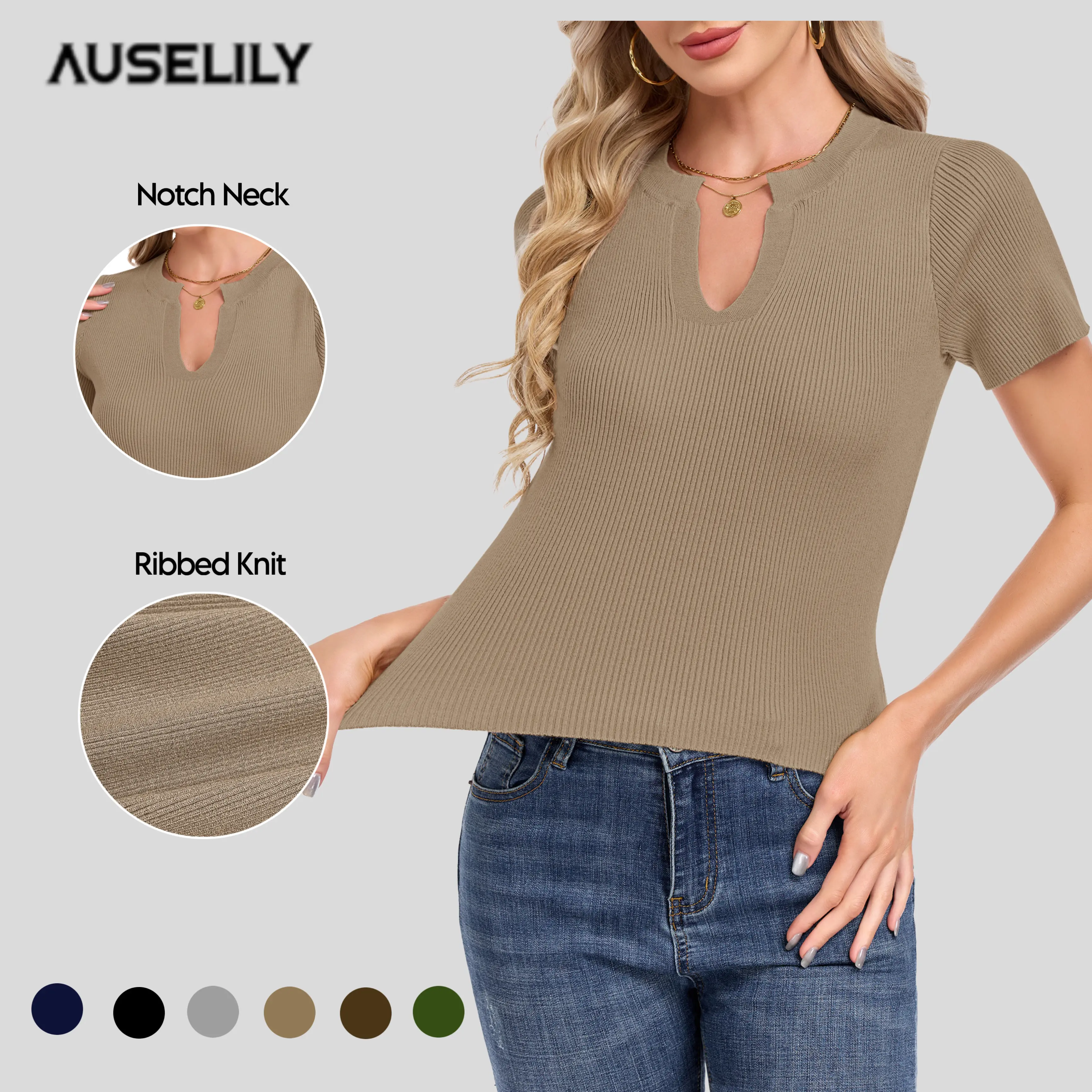AUSELILY Women's Notch Neck Sweater Top Lightweight Knit Shirt Casual  Pullover 2026
