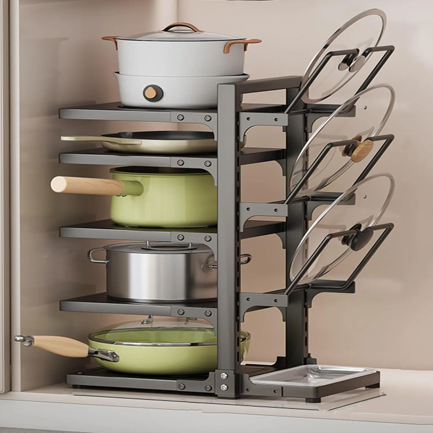 Adjustable Pot and Pan Organizer for Cabinets No Drill Storage Rack Space Saving Under Shelf Design for Large Small Pots 4th floor