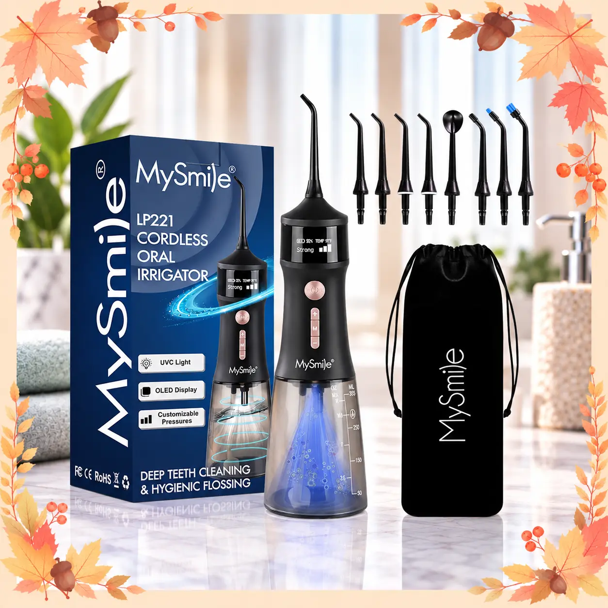 MySmile Cordless Advanced (LP221) UVC Light Portable Water Flosser Teeth Cleaner, 335ML Rechargeable High Pressure Dental Oral Irrigator with OLED Display, 4 Modes, 8 Jet Tips, BK Oral Care Kit for Orthodontic & Plaque Removal