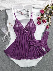 Women's Solid Color Ruffle Trim Cami Nightdress & Thong Sexy Lingerie Set, Romantic Comfy Breathable Fitted Nightgown & Panty Set, Ladies Sleepwear for All Seasons rave outfit altgirl baddie pajamas shorts cool girl outfits baddie Underwear